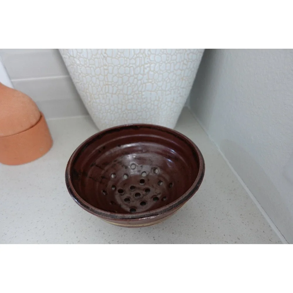 Handmade Pottery Berry Bowl‎ Colander Brown Glazed Ceramic Kitchen Decor